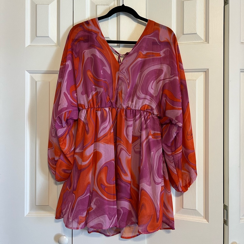 Womens Long Sleeve Swirl Print Tunic Dress - Pink & Orange